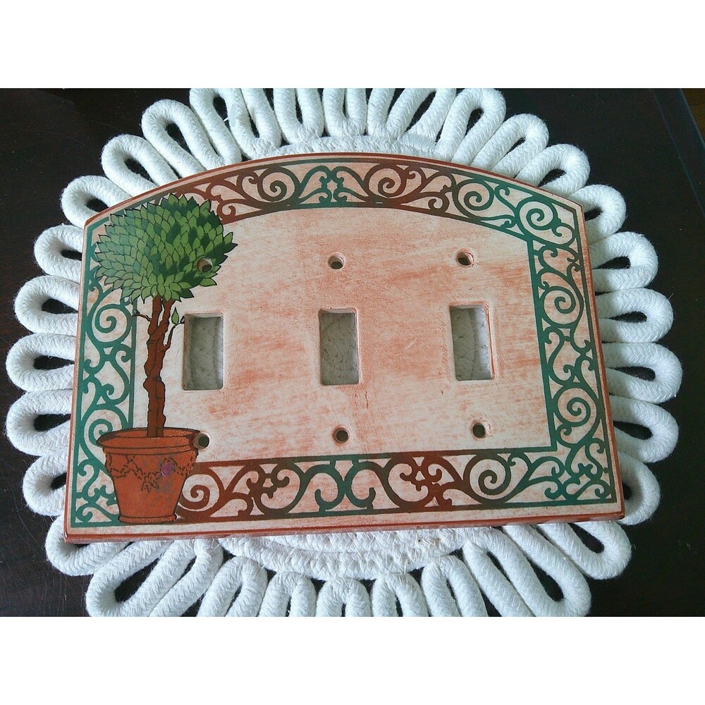 Ceramic Mediterranean Triple Switch Plate. Hand painted w/ tree and scrollwork